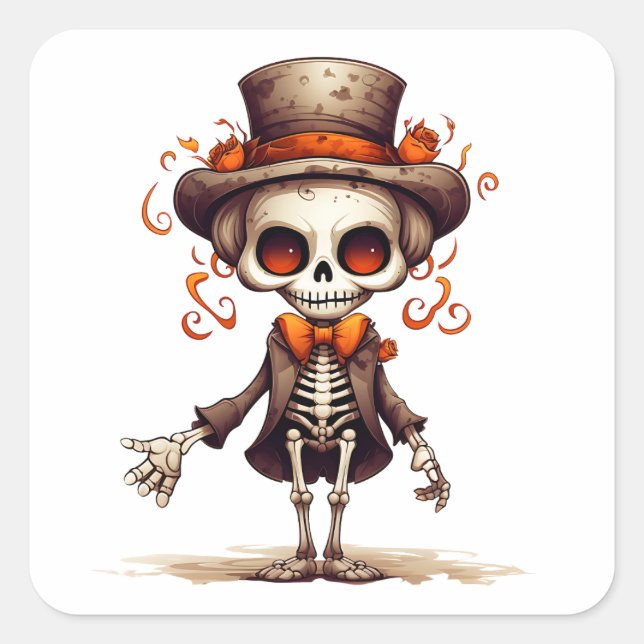 Pegatina Cuadrada Cute Skeleton Halloween Bruja (Anverso)