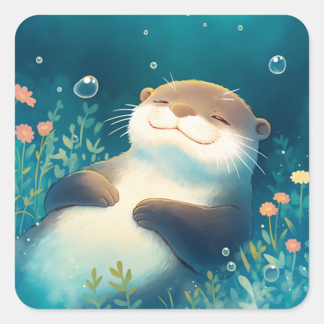 Pegatina Cuadrada Cute Sleeping Sea Otter Underwater with Bubbles (Anverso)