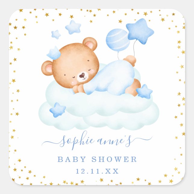 Pegatina Cuadrada Cute Sleepy Teddy Bear globos Boy Baby Shower (Anverso)