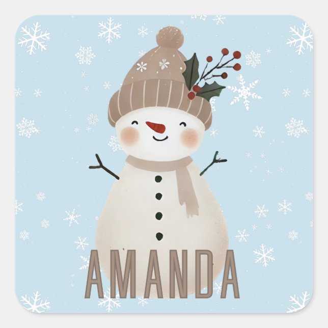 Pegatina Cuadrada Cute Snowman Snowflakes Kids Christmas (Anverso)