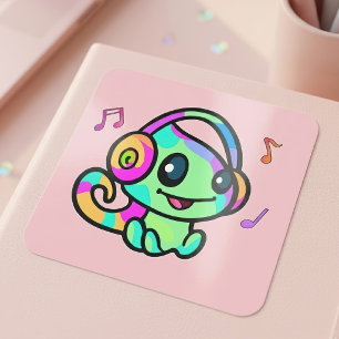 Pegatina Cuadrada Cute Sonriendo Kawaii Bebé Camaleón Con Auriculare