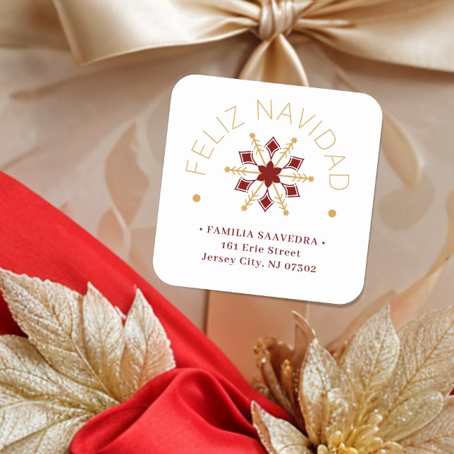 Pegatina Cuadrada Cute Sophisticated Gold & Red Snowflake Christmas  (Cute Sophisticated Faux Golden & Dark Red Snowflake Christmas Winter Square Stickers in Spanish.)