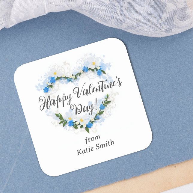 Pegatina Cuadrada Cute Splendid Blue Shades Floral Valentine's Day  (Cute Splendid Blue Shades Floral Valentine's Day Wreath Square Sticker.)