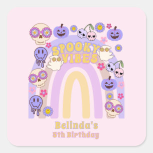 Pegatina Cuadrada Cute Spooky Vibes Groovy Ghost Halloween Cumpleaño