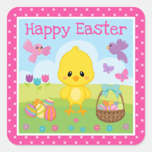 Pegatina Cuadrada Cute Spring Pascua Pollo & Huevos de Chocolate Pas