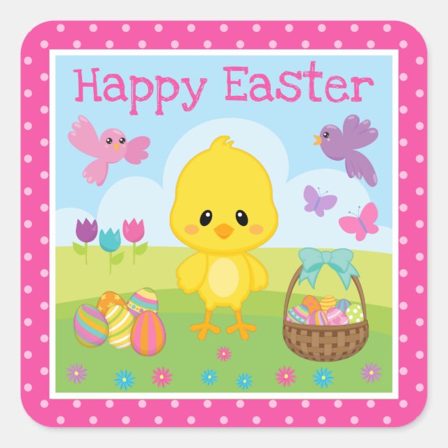 Pegatina Cuadrada Cute Spring Pascua Pollo & Huevos de Chocolate Pas (Anverso)