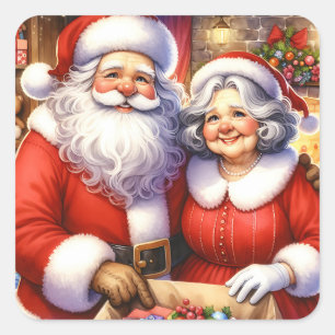 Pegatina Cuadrada Cute Sr. y Sra. Santa Claus Navidades personalizad