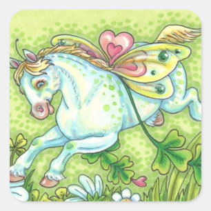 PEGATINA CUADRADA CUTE ST. PATRICK'S DAY FLYING IRISH PONY, FAIRY