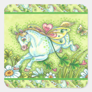 PEGATINA CUADRADA CUTE ST. PATRICK'S DAY FLYING IRISH PONY, FAIRY