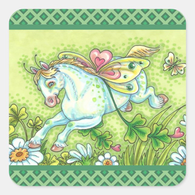 PEGATINA CUADRADA CUTE ST. PATRICK'S DAY FLYING IRISH PONY, FAIRY (Anverso)