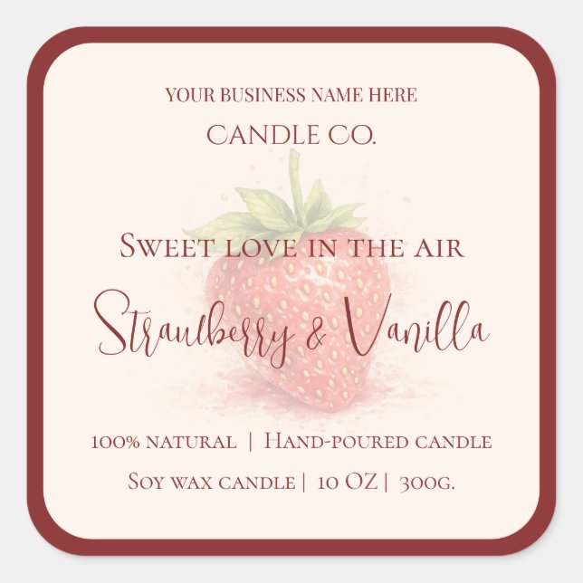 Pegatina Cuadrada Cute Strawberry - Sweet Valentine Candle Label (Anverso)