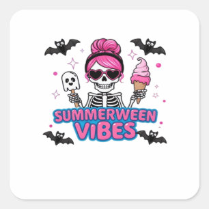 Pegatina Cuadrada Cute Summerween Vibes Skeleton IceCream Summer Vac