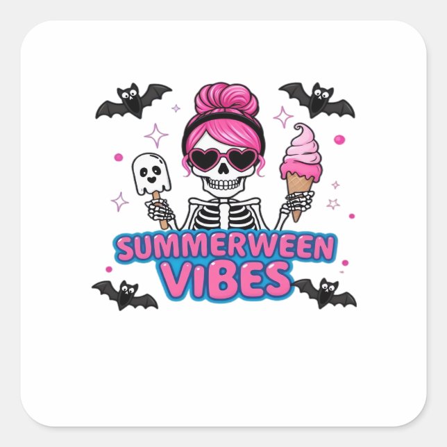 Pegatina Cuadrada Cute Summerween Vibes Skeleton IceCream Summer Vac (Anverso)