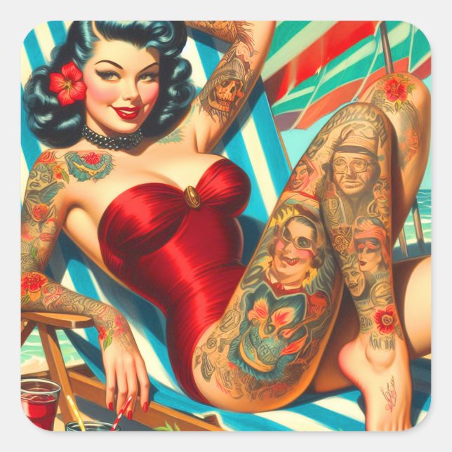 Pegatina Cuadrada Cute Tattooed Swimsuit Pin-up (Anverso)