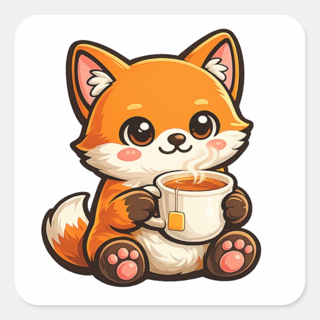Pegatina Cuadrada Cute Tea Fox Illustration – Cozy Fox Drinking Tea (Anverso)