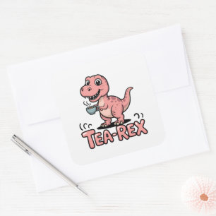 Pegatina Cuadrada Cute Tea-Rex Dinosaurio Rosa – ¡Sorber Sucede!