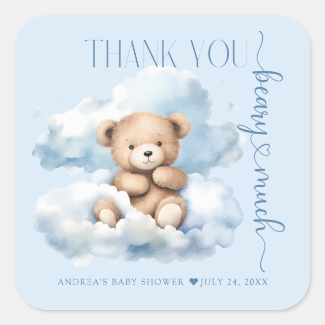 Pegatina Cuadrada Cute Teddy Bear Baby Shower Gracias (Anverso)