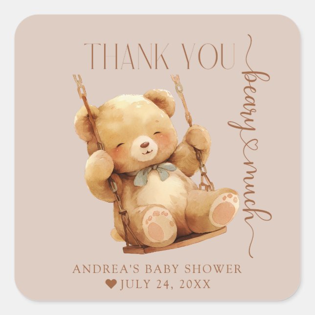Pegatina Cuadrada Cute Teddy Bear Baby Shower Gracias (Anverso)