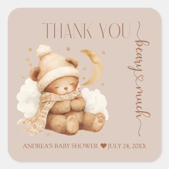 Pegatina Cuadrada Cute Teddy Bear Baby Shower Gracias (Anverso)