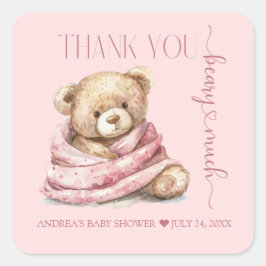 Pegatina Cuadrada Cute Teddy Bear Baby Shower Gracias