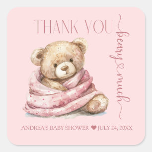 Pegatina Cuadrada Cute Teddy Bear Baby Shower Gracias
