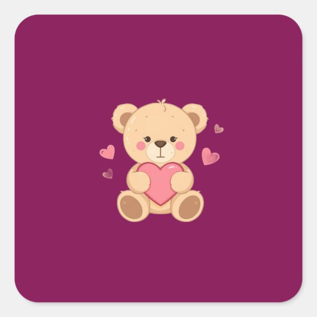 Pegatina Cuadrada Cute Teddy Bear Holding Heart – Valentine Love Ill (Anverso)