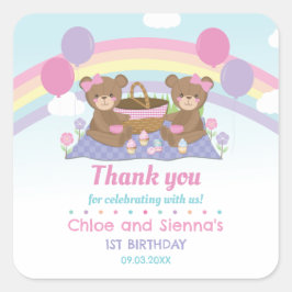 Pegatina Cuadrada Cute Teddy Bear Picnic Rainbow Twins Chica Cumplea