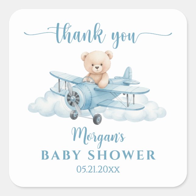 Pegatina Cuadrada Cute Teddy Bear Pilot Baby Shower Thank You (Anverso)