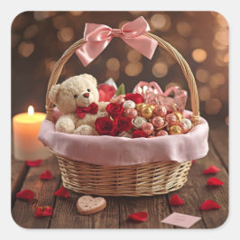 Pegatina Cuadrada Cute Teddy Rose Basket Valentine Heart