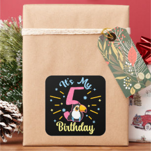 Pegatina Cuadrada Cute Toucan 5 cumpleaños Chica de 5 años