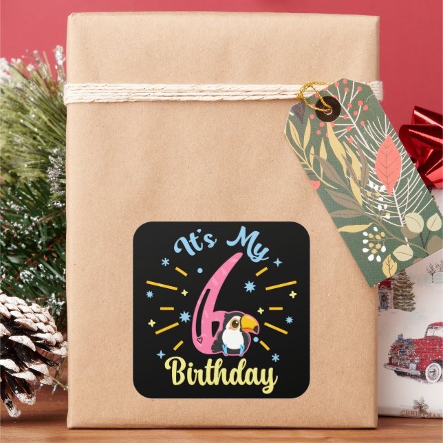 Pegatina Cuadrada Cute Toucan 6º cumpleaños Chica de 6 años (Vacaciones)