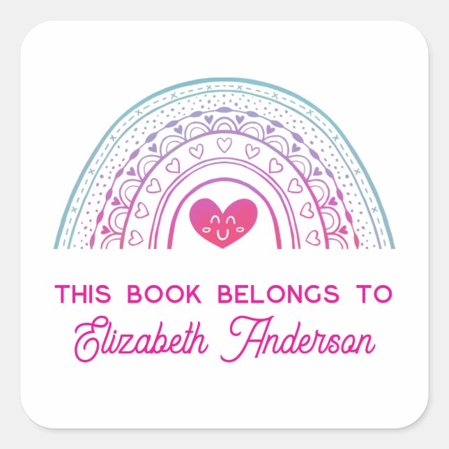 Pegatina Cuadrada Cute Trendy Boho Rainbow Kids Bookplate (Anverso)