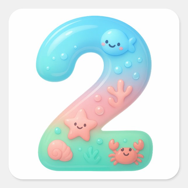 Pegatina Cuadrada Cute Under The Sea Theme Cartoon Number 2 (Anverso)