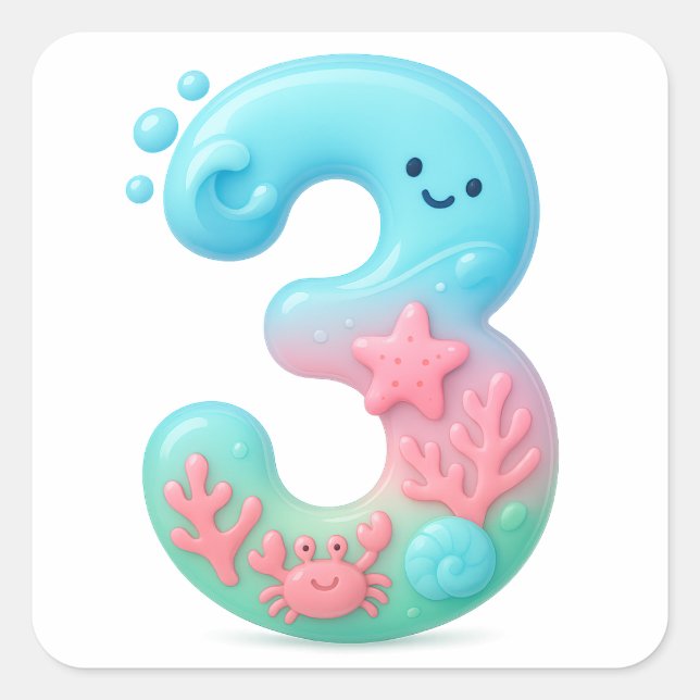 Pegatina Cuadrada Cute Under The Sea Theme Cartoon Number 3 (Anverso)