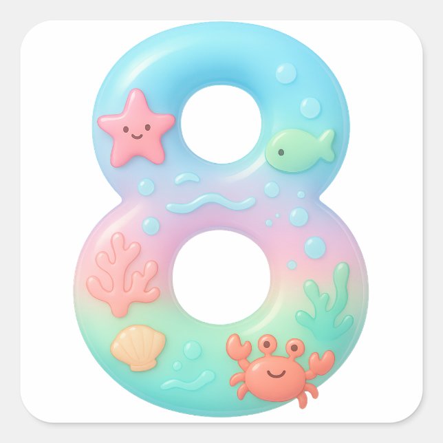 Pegatina Cuadrada Cute Under The Sea Theme Cartoon Number 8 (Anverso)