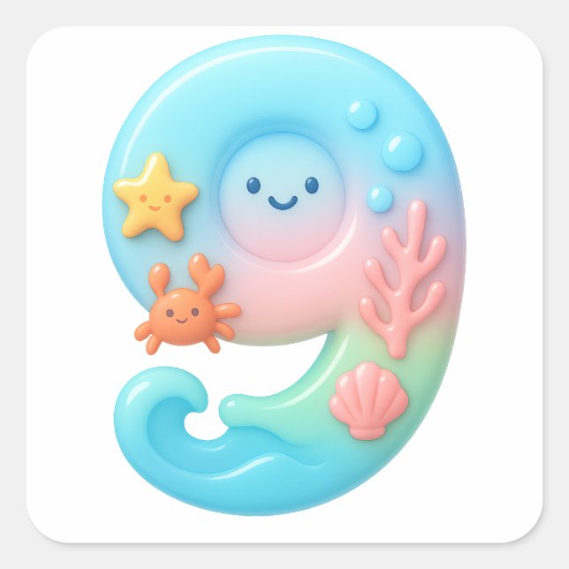 Pegatina Cuadrada Cute Under The Sea Theme Cartoon Number 9 (Anverso)