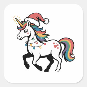 Pegatina Cuadrada Cute Unicorn Deer Reno Ciervo Luces Divertidas De