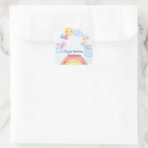 Pegatina Cuadrada Cute unicornio Dinosaurio arco iris Balón Cumpleañ
