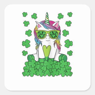 Pegatina Cuadrada Cute unicornio duende de San Patricio trébol