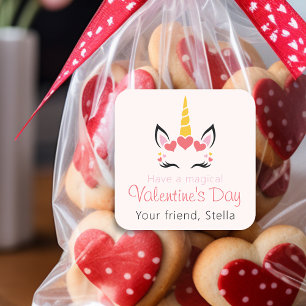 Pegatina Cuadrada Cute Unicornio Mágico de San Valentín Personalizad