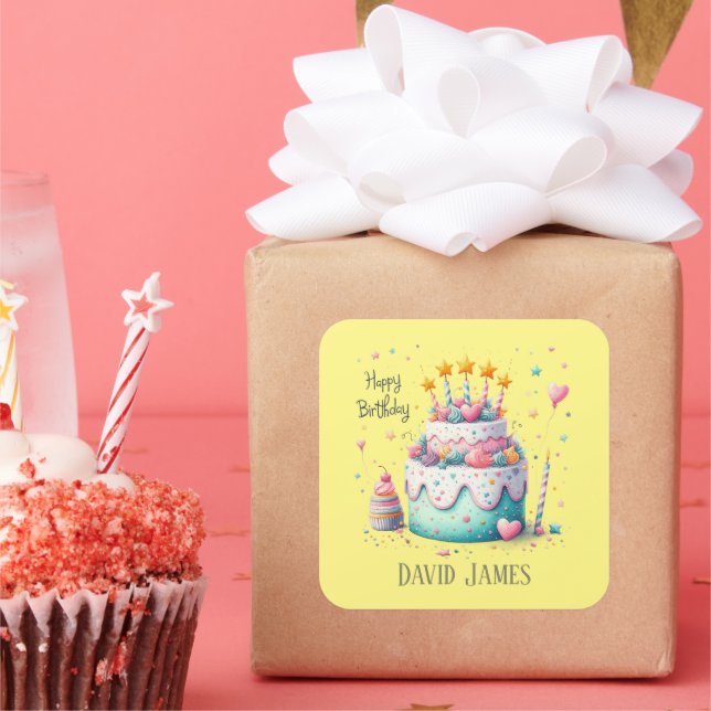 Pegatina Cuadrada Cute unisex Feliz Cumpleaños agregar nombre (Fiesta)