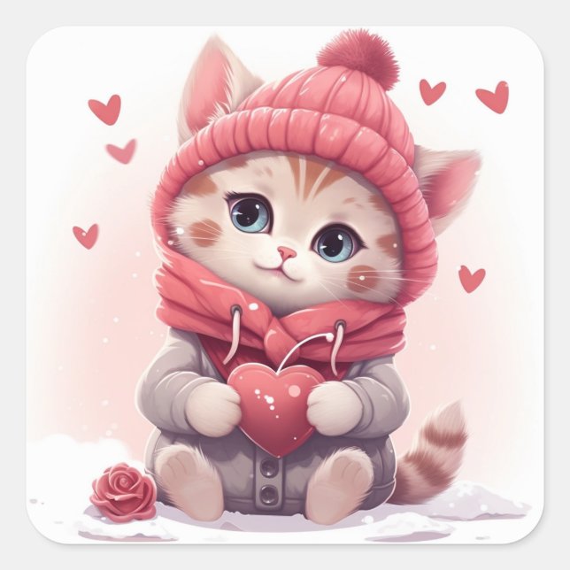 Pegatina Cuadrada Cute Valentine kitty (Anverso)