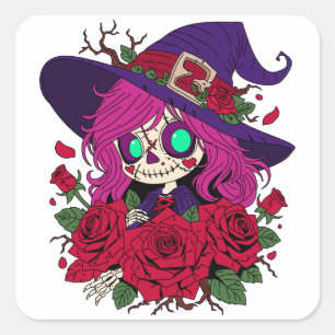 Pegatina Cuadrada Cute Valentine Witch Zombie