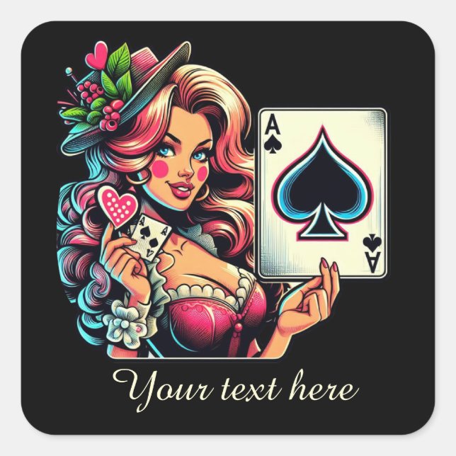 Pegatina Cuadrada Cute vintage Casino lady agregar texto (Anverso)