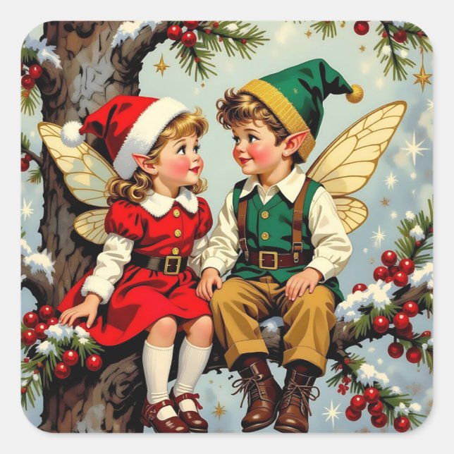 Pegatina Cuadrada Cute Vintage Elven Fairy Children Christmas (Anverso)