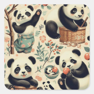 Pegatina Cuadrada Cute Vintage Panda Seamless Painting