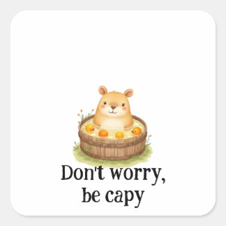Pegatina Cuadrada Cute Watercolor Capybara in Hot Tub with Oranges &