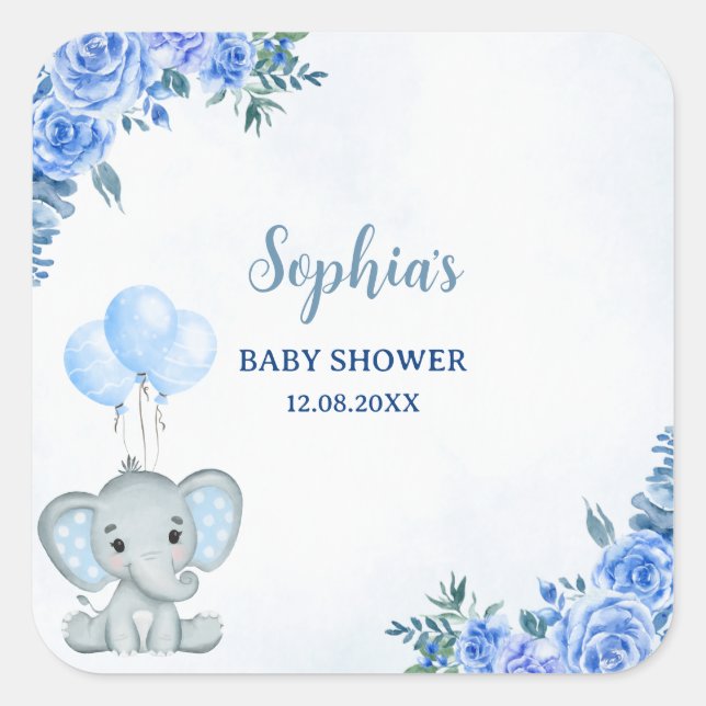 Pegatina Cuadrada Cute Watercolor Elephant baby shower Boy (Anverso)
