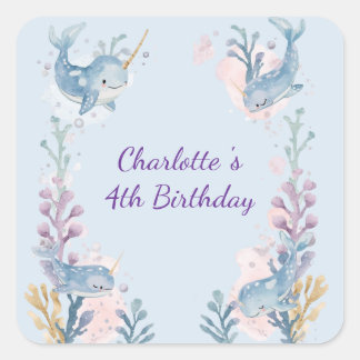 Pegatina Cuadrada Cute Watercolor Narwhal Whale fish Seamless Sea 