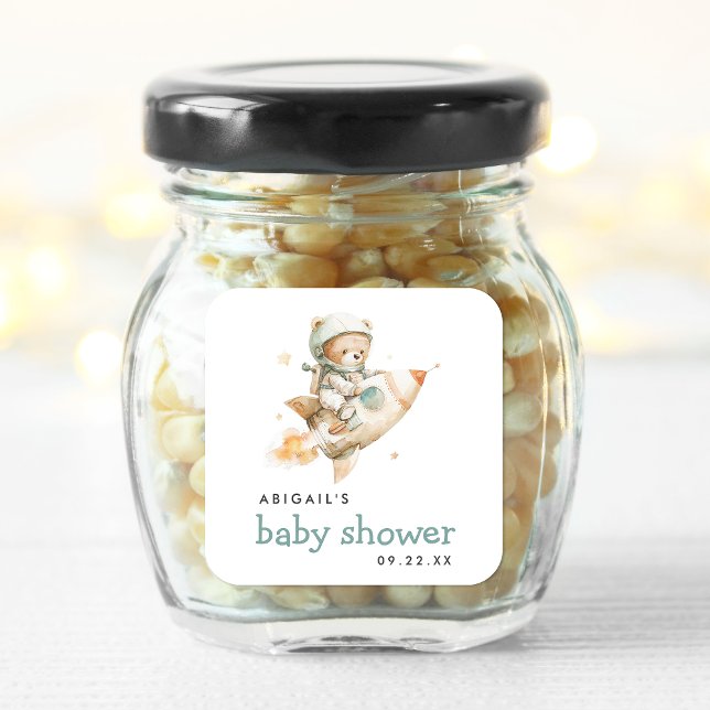 Pegatina Cuadrada Cute Watercolor Teddy Bear Astronaut Baby Shower (Subido por el creador)